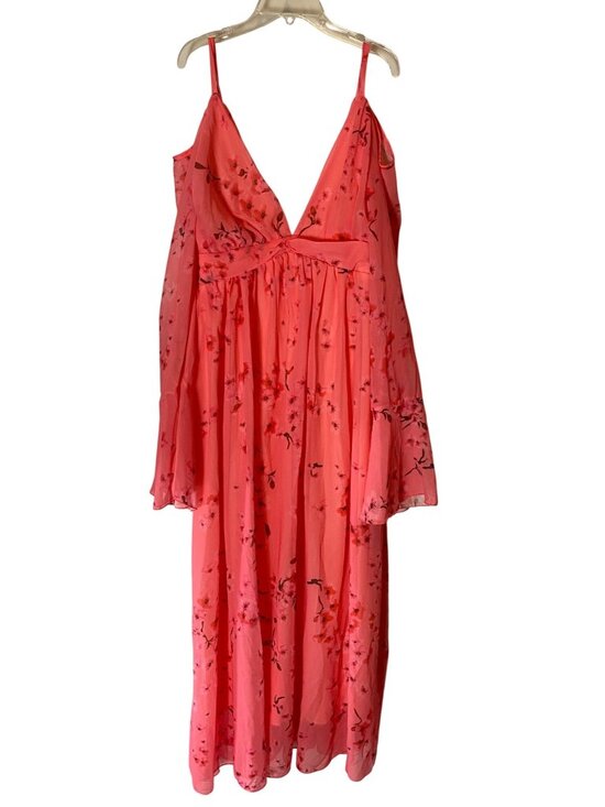 unbranded Dresses & Skirts - Floral Coral Pink Maxi Dress Sheer Bell Sleeves V-Neck Waist Tie XL